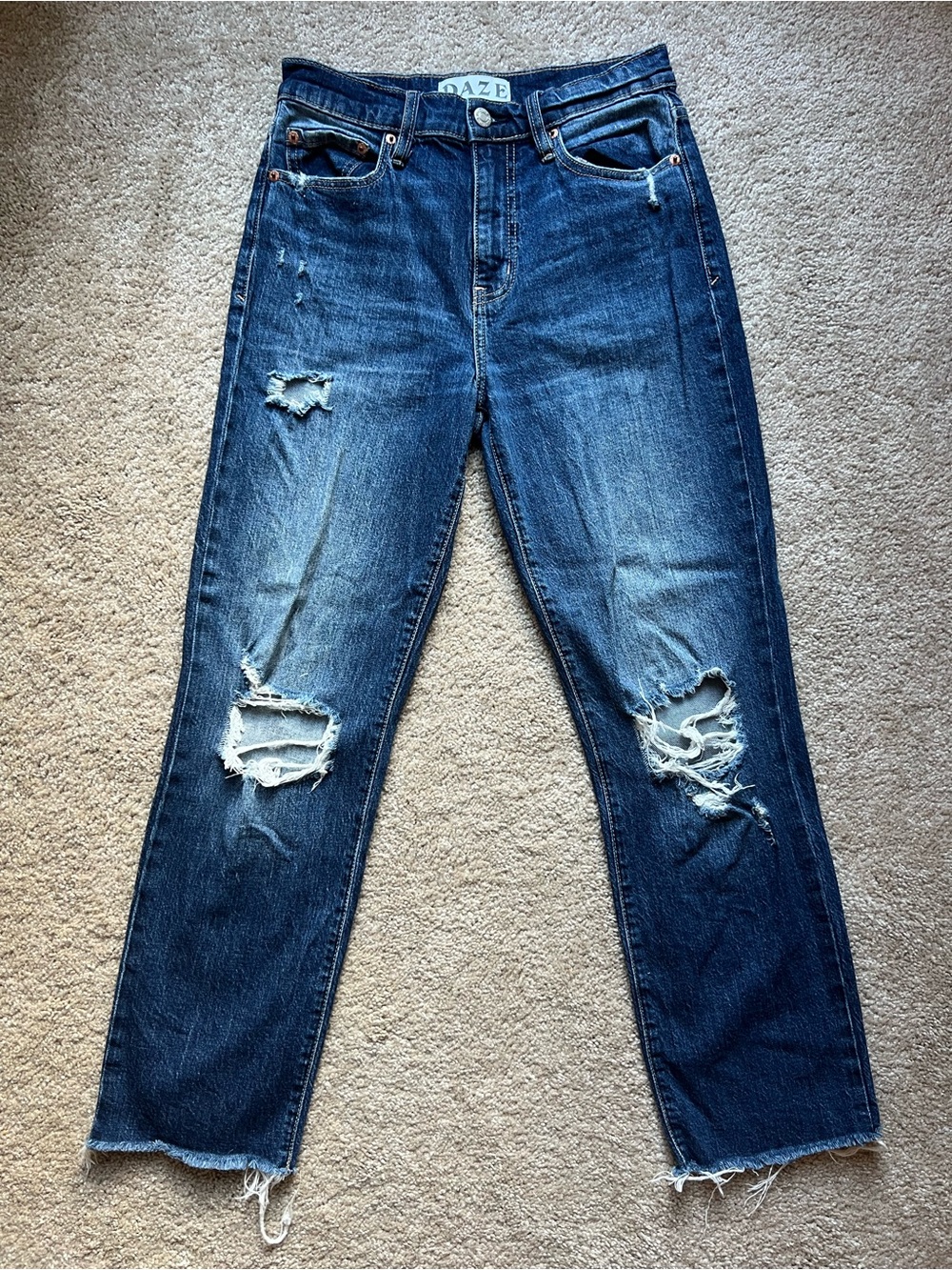 DAZE Denim Straight Up High Rise Distressed Jeans- Dark Blue, Size 26